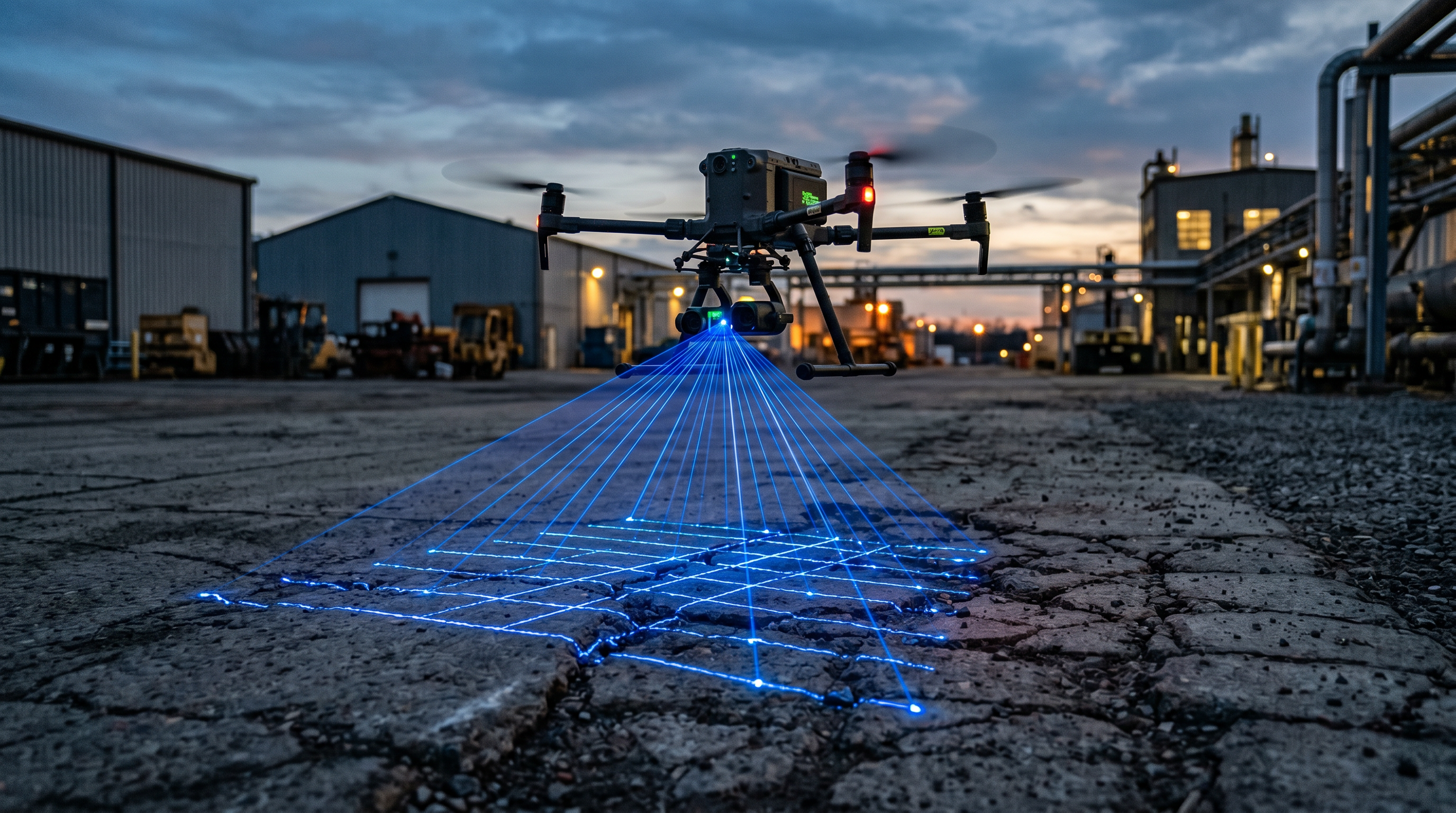 Drone scanning concrete infrastructure with precision laser mapping at dusk