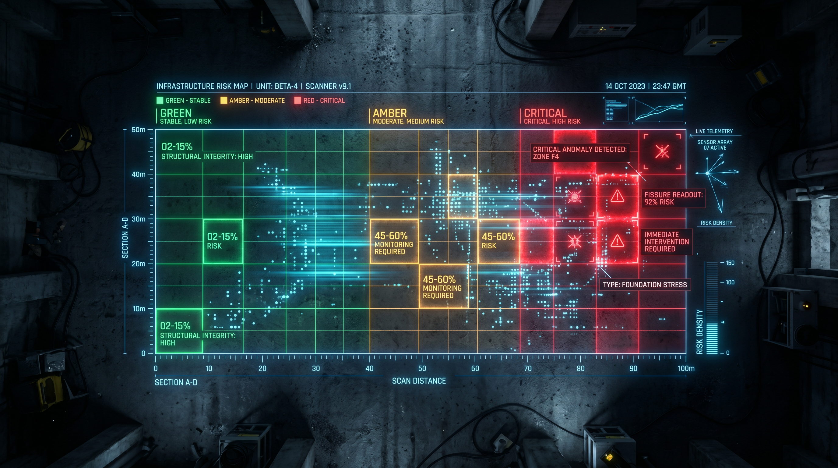 Infrastructure risk heat map showing color-coded danger zones from safe green through amber moderate to critical red