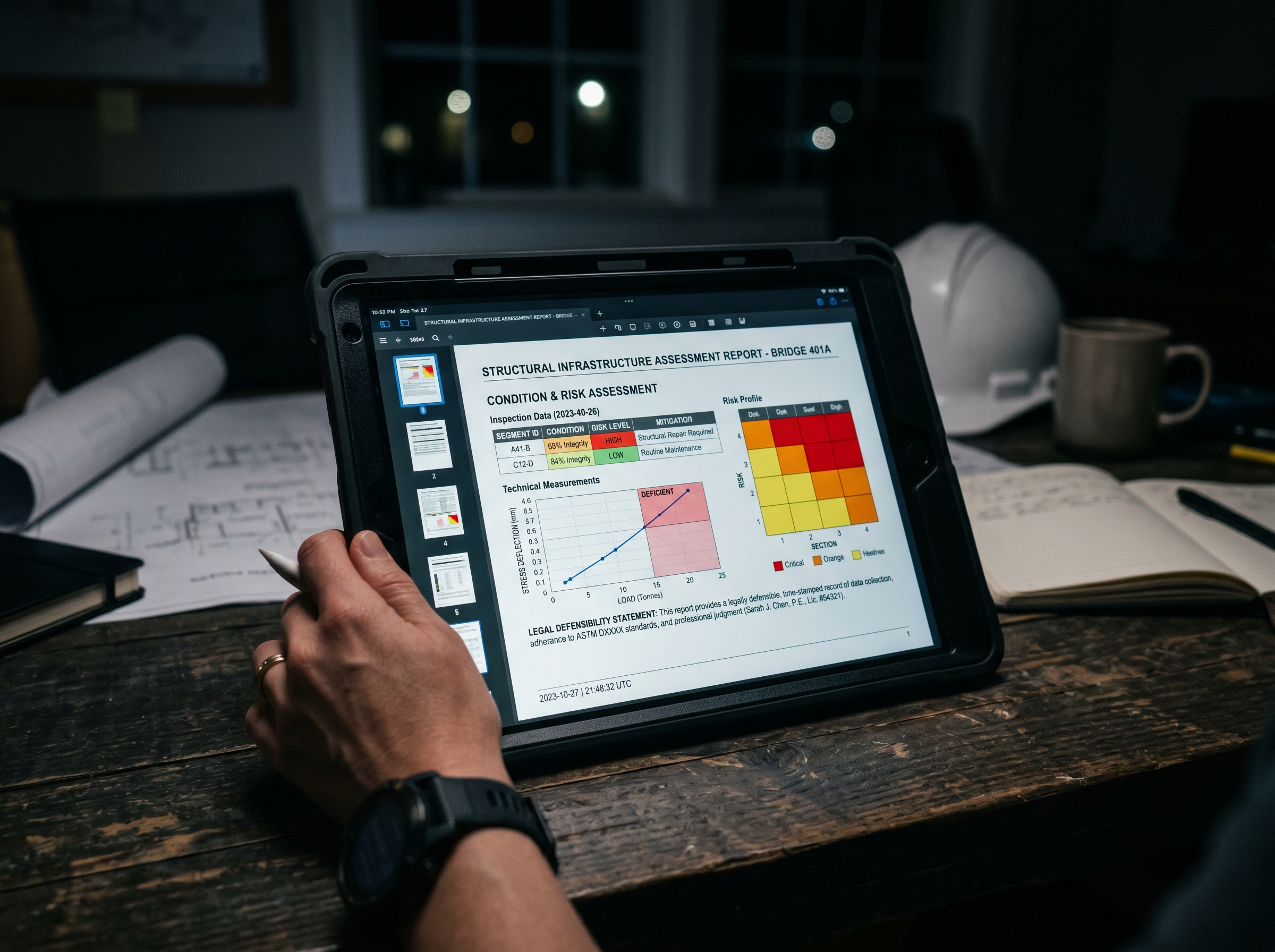 Infrastructure assessment report on tablet showing time-stamped risk data
